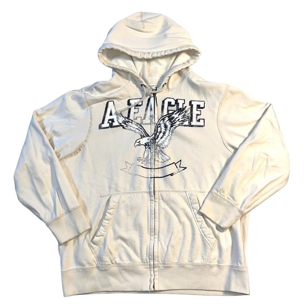 American Eagle Mens Hoodie Sweatshirt Vintage Fit Full Zip Beige XXL EUC
